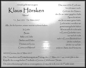 Anzeige von Klaus Hörsken von Westfälische Nachrichten