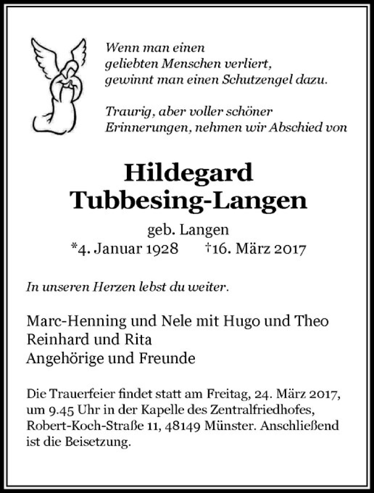  Traueranzeige für Hildegard Tubbesing-Langen vom 18.03.2017 aus Westfälische Nachrichten