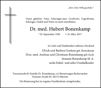 Anzeige von Hubert Bonenkamp von Westfälische Nachrichten