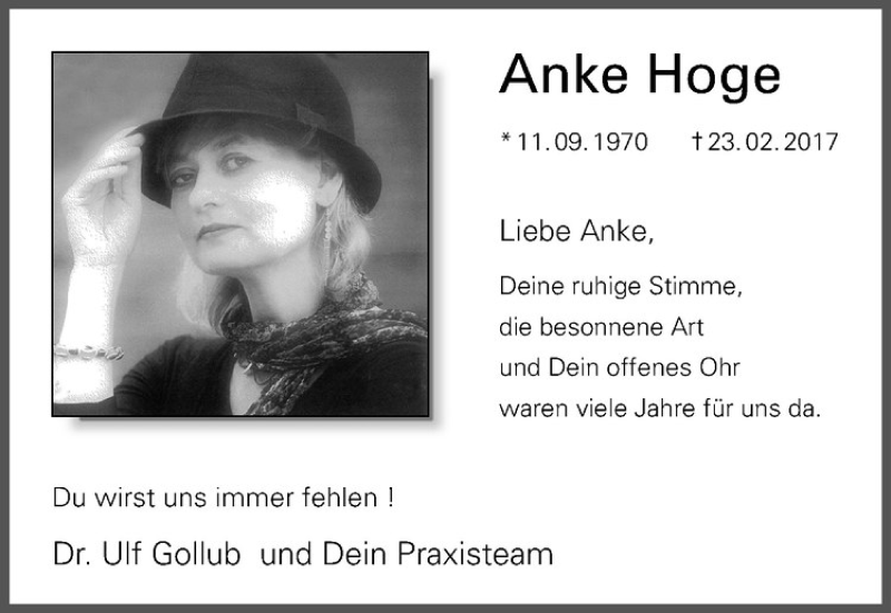  Traueranzeige für Anke Hoge vom 03.03.2017 aus Westfälische Nachrichten