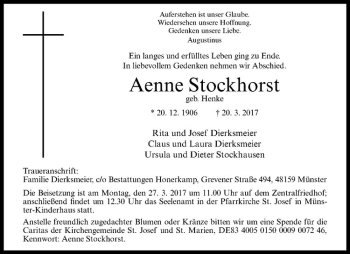 Anzeige von Aenne Stockhorst von Westfälische Nachrichten