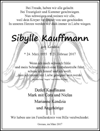 Anzeige von Sibylle Kauffmann von Westfälische Nachrichten