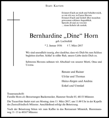 Anzeige von Bernhardine Horn von Westfälische Nachrichten