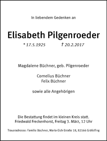 Anzeige von Elisabeth Pilgenroeder von Westfälische Nachrichten