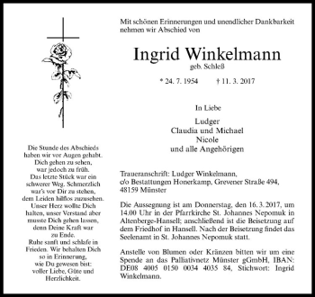 Anzeige von Ingrid Winkelmann von Westfälische Nachrichten