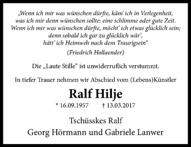  Traueranzeige für Ralf Hilje vom 18.03.2017 aus Westfälische Nachrichten