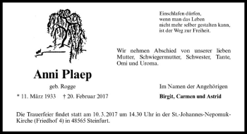 Anzeige von Anni Plaep von Westfälische Nachrichten