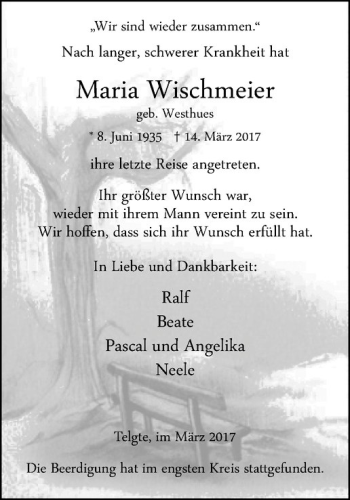 Anzeige von Maria Wischmeier von Westfälische Nachrichten
