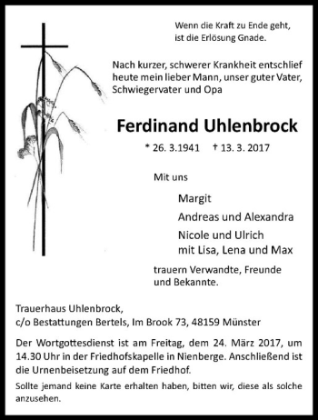 Anzeige von Ferdinand Uhlenbrock von Westfälische Nachrichten