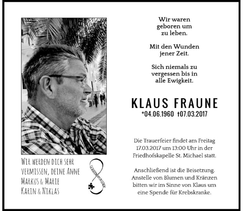  Traueranzeige für Klaus Fraune vom 13.03.2017 aus Westfälische Nachrichten