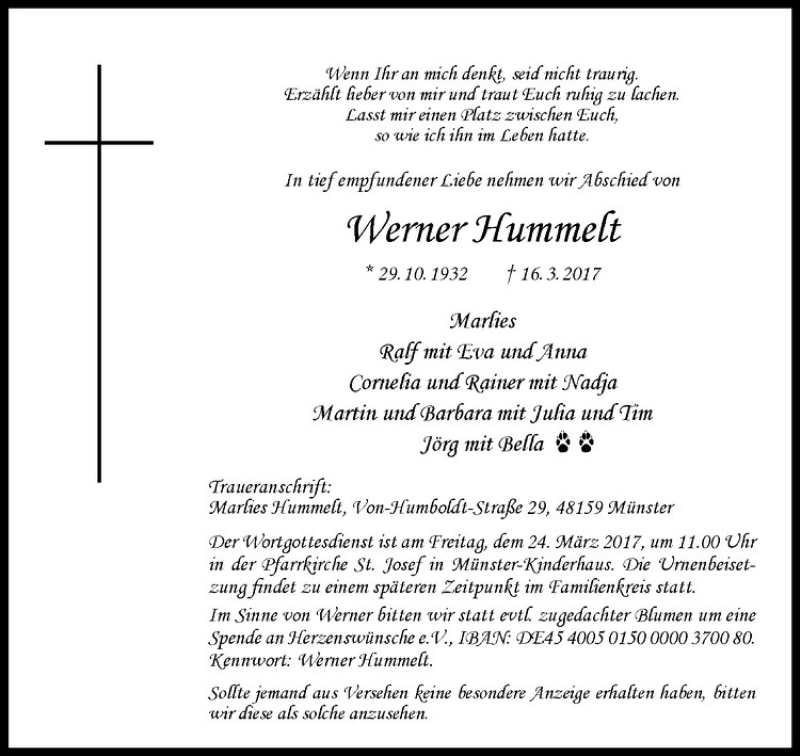  Traueranzeige für Werner Hummelt vom 20.03.2017 aus Westfälische Nachrichten