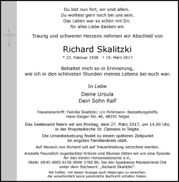 Anzeige von Richard Skalitzki von Westfälische Nachrichten