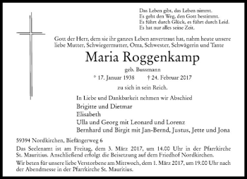Anzeige von Maria Roggenkamp von Westfälische Nachrichten