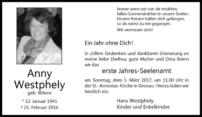  Traueranzeige für Anny Westphely vom 01.03.2017 aus Westfälische Nachrichten