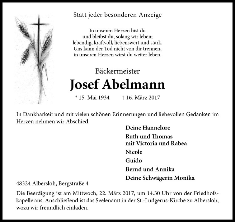  Traueranzeige für Josef Abelmann vom 18.03.2017 aus Westfälische Nachrichten