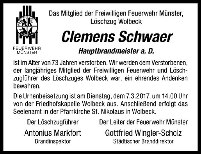  Traueranzeige für Clemens Schwaer vom 07.03.2017 aus Westfälische Nachrichten