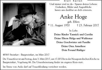 Anzeige von Anke Hoge von Westfälische Nachrichten