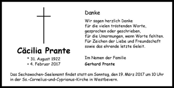 Anzeige von Cäcilia Prante von Westfälische Nachrichten