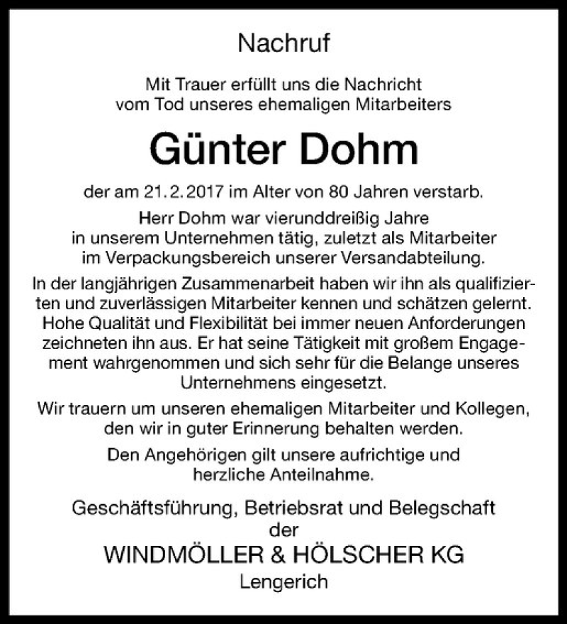  Traueranzeige für Günter Dohm vom 02.03.2017 aus Westfälische Nachrichten