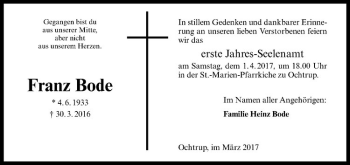 Anzeige von Franz Bode von Westfälische Nachrichten