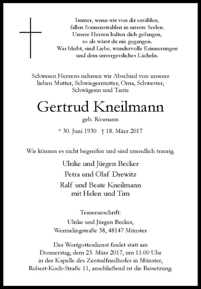  Traueranzeige für Gertrud Kneilmann vom 21.03.2017 aus Westfälische Nachrichten