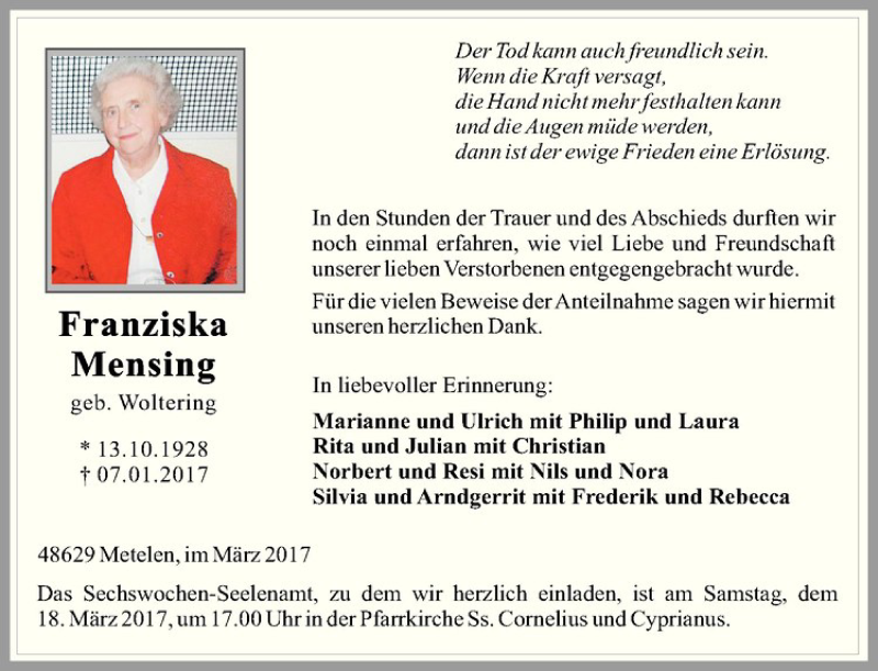  Traueranzeige für Franziska Mensing vom 16.03.2017 aus Westfälische Nachrichten