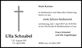 Anzeige von Ulla Schnabel von Westfälische Nachrichten