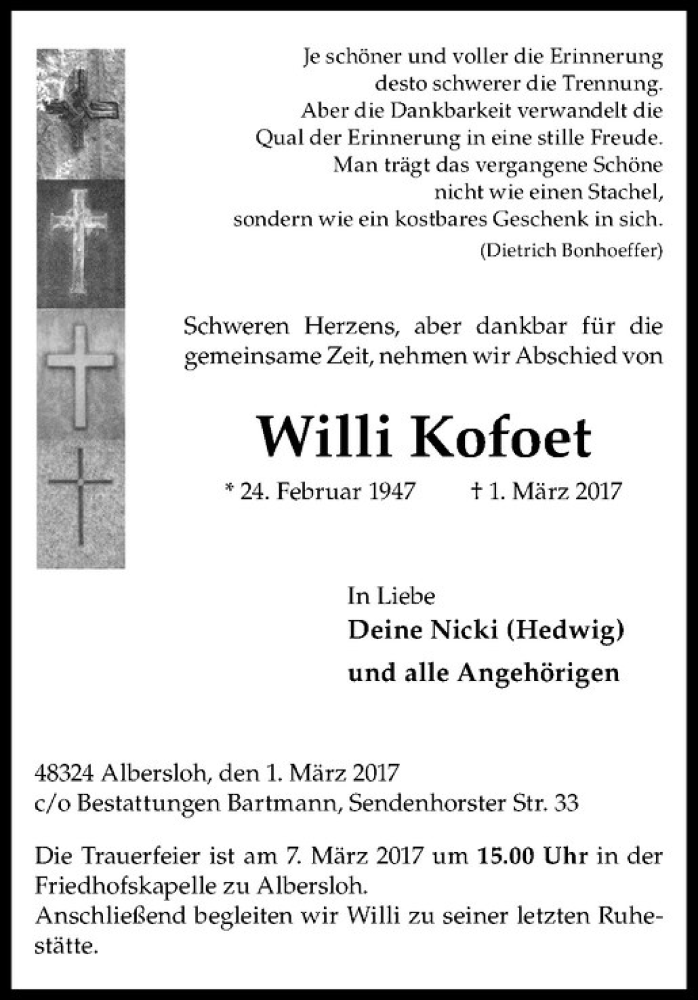  Traueranzeige für Willi Kofoet vom 04.03.2017 aus Westfälische Nachrichten
