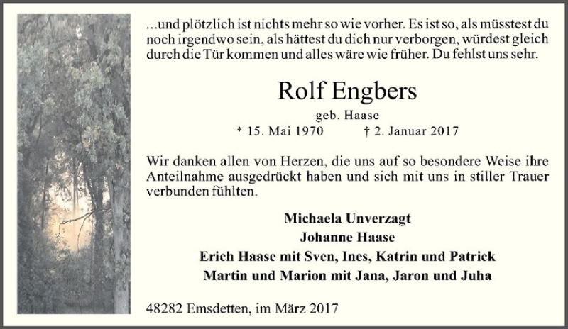  Traueranzeige für Rolf Engbers vom 02.03.2017 aus Westfälische Nachrichten