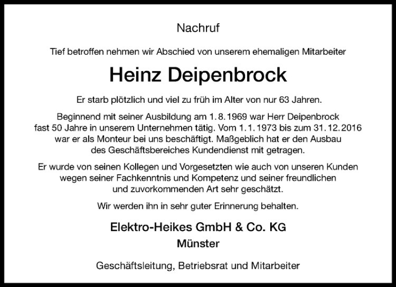  Traueranzeige für Heinz Deipenbrock vom 03.03.2017 aus Westfälische Nachrichten