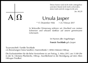 Anzeige von Ursula Jasper von Westfälische Nachrichten