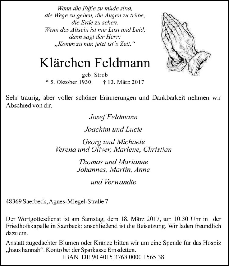  Traueranzeige für Klärchen Feldmann vom 16.03.2017 aus Westfälische Nachrichten