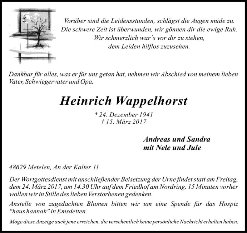  Traueranzeige für Heinrich Wappelhorst vom 22.03.2017 aus Westfälische Nachrichten