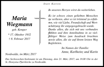 Anzeige von Maria Wiegmann von Westfälische Nachrichten