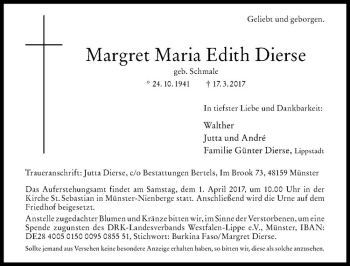 Anzeige von Margret Maria Edith Dierse von Westfälische Nachrichten