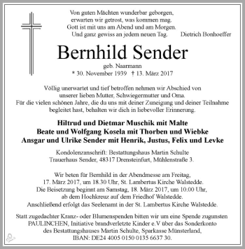 Anzeige von Bernhild Sender von Westfälische Nachrichten