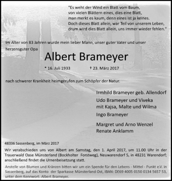 Anzeige von Albert Brameyer von Westfälische Nachrichten
