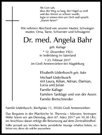 Anzeige von Angela Bahr von Westfälische Nachrichten