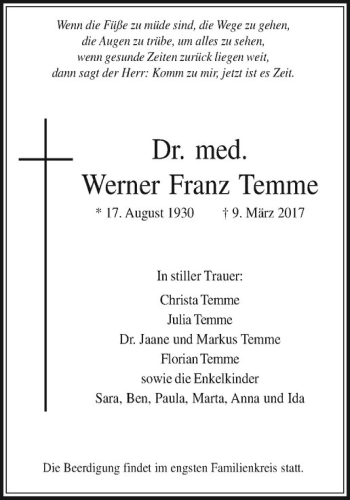 Anzeige von Werner Franz Temme von Westfälische Nachrichten