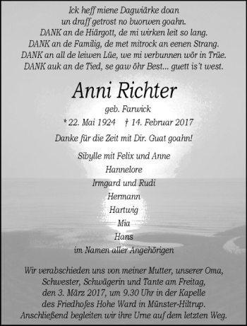 Anzeige von Anni Richter von Westfälische Nachrichten