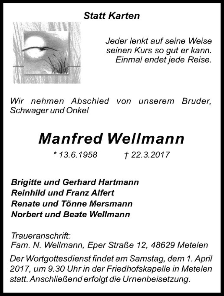  Traueranzeige für Manfred Wellmann vom 29.03.2017 aus Westfälische Nachrichten