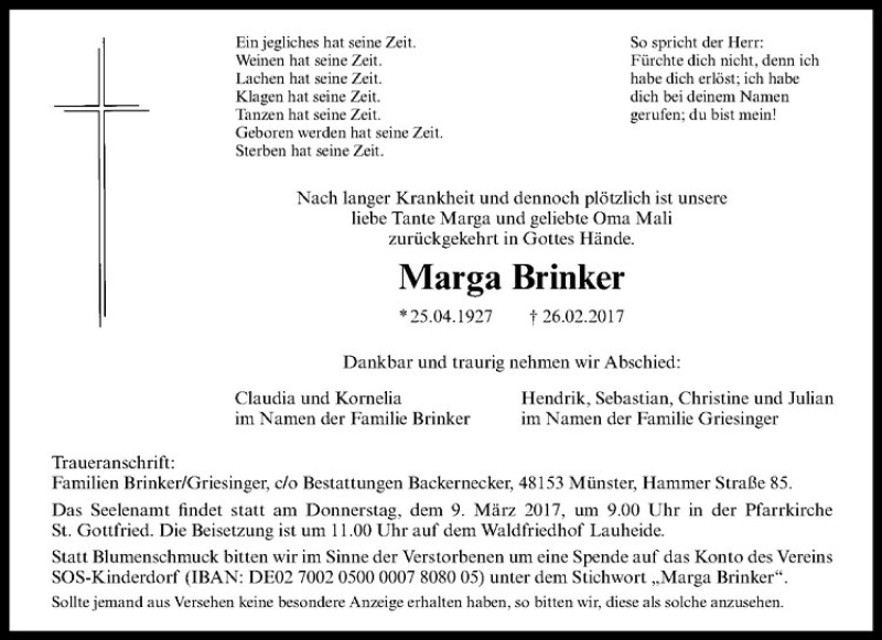  Traueranzeige für Marga Brinker vom 04.03.2017 aus Westfälische Nachrichten
