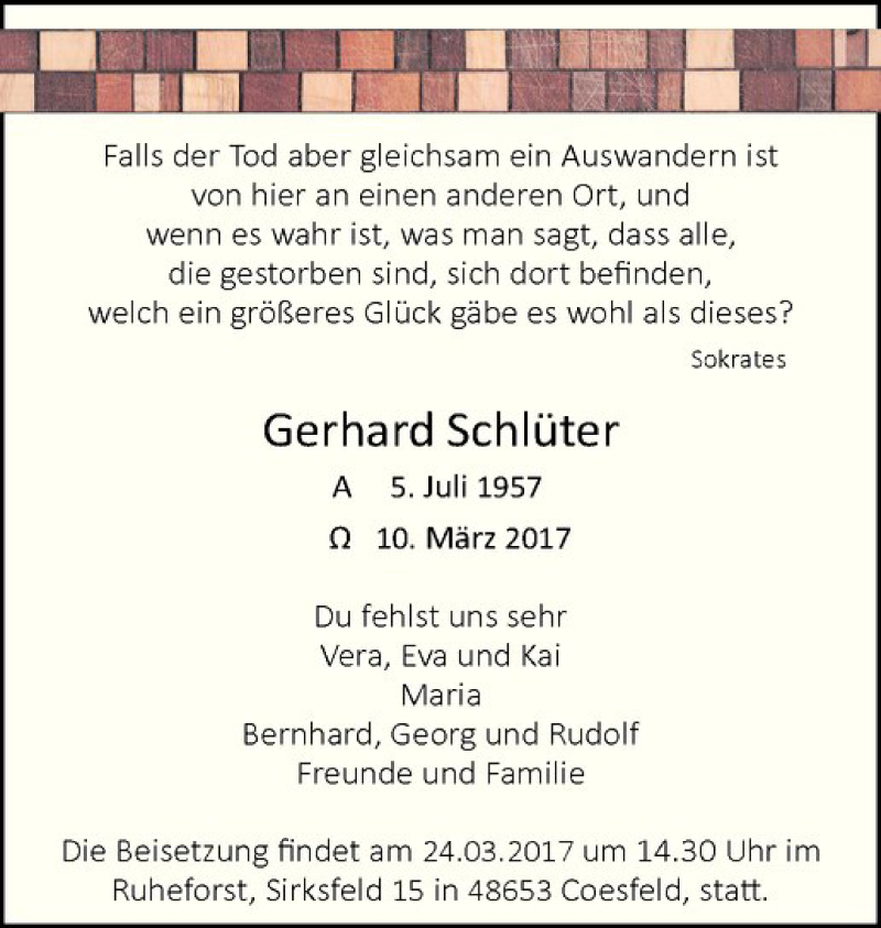  Traueranzeige für Gerhard Schlüter vom 18.03.2017 aus Westfälische Nachrichten