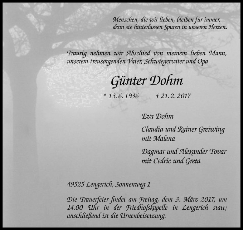  Traueranzeige für Günter Dohm vom 01.03.2017 aus Westfälische Nachrichten