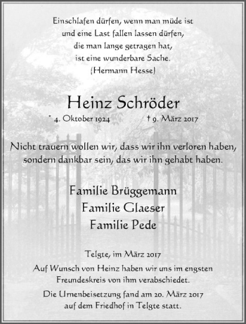 Anzeige von Heinz Schröder von Westfälische Nachrichten