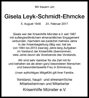 Anzeige von Gisela Leyk-Schmidt-Ehmcke von Westfälische Nachrichten