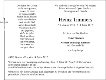 Anzeige von Heinz Timmers von Westfälische Nachrichten