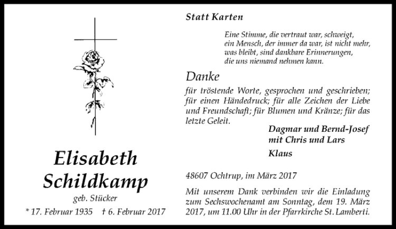  Traueranzeige für Elisabeth Schildkamp vom 15.03.2017 aus Westfälische Nachrichten