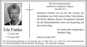 Anzeige von Ute Funke von Westfälische Nachrichten