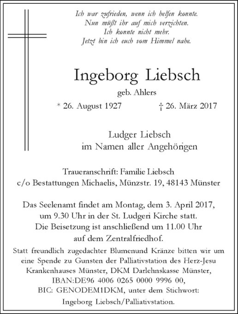  Traueranzeige für Ingeborg Liebsch vom 30.03.2017 aus Westfälische Nachrichten